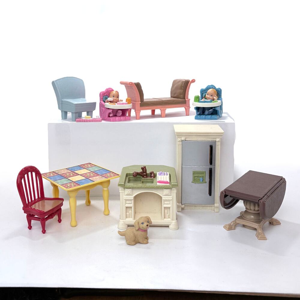 Vintage Fisher Price Loving Family Babies, Furniture And Dog